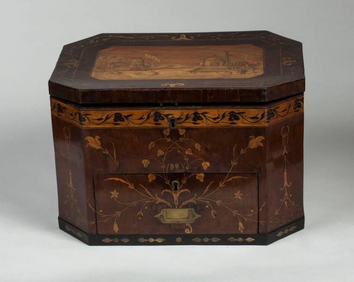 A George III Brass-Inlaid, Fruitwood-Inlaid and Ebonized Mahogany Storage Box